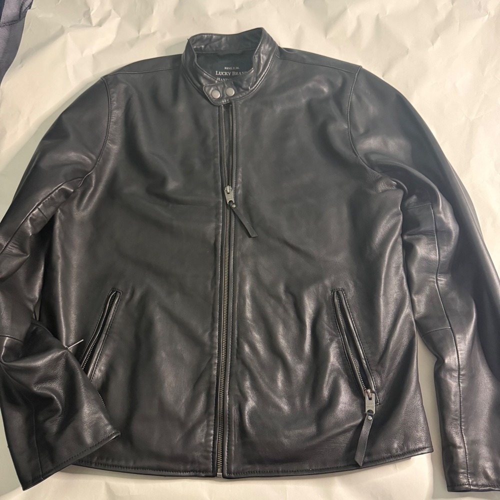 Lucky Brand Leather Jacket Mens L Black Bonneville Lamb Racer Moto Handcrafted